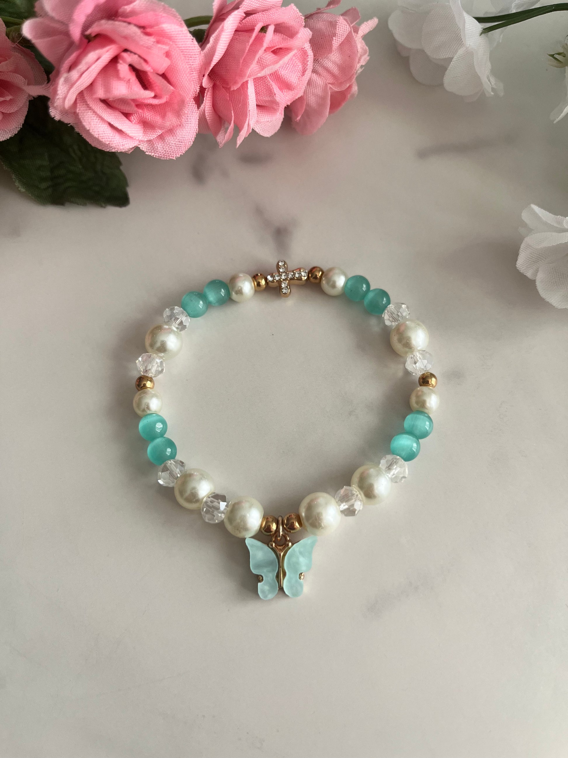 Christian Butterfly Cross Pearl Bead Bracelet with pearl stone and glass beads