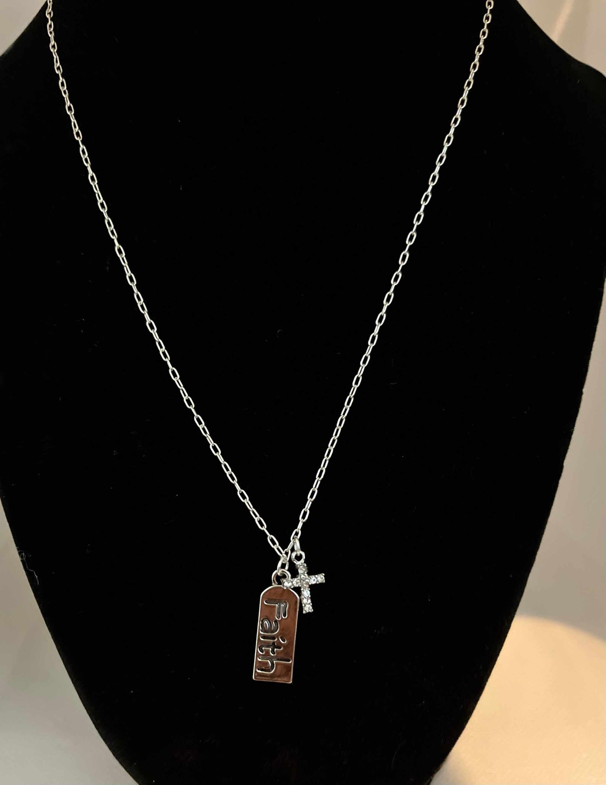 Silver Necklace with sterling cross pendant and faith charm – Christian jewelry.


