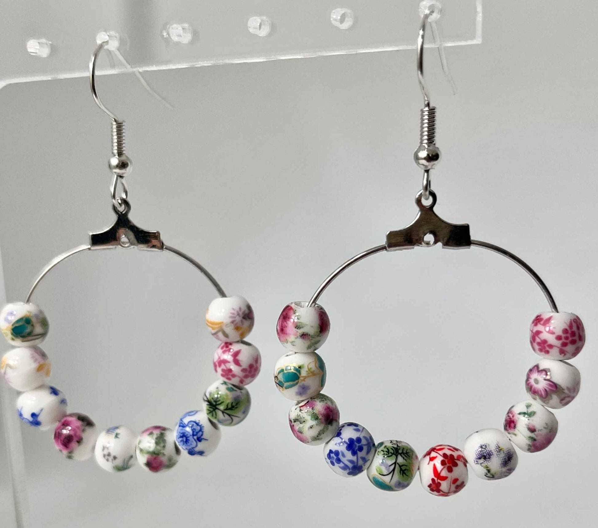 Floral Ceramic Hoop Earrings - Multicolored Beaded Silver Hoops