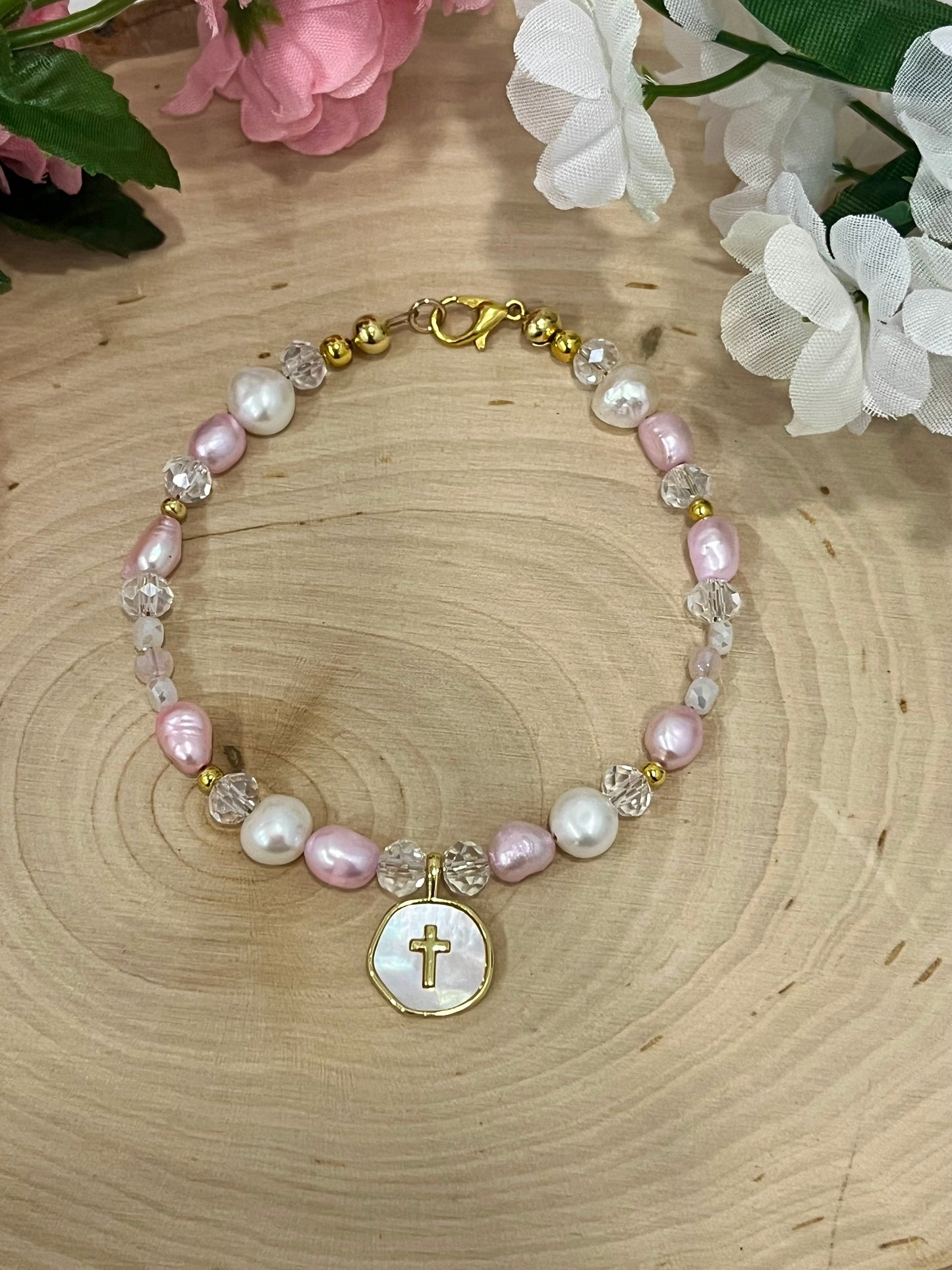 Pink white pearl gold cross bead bracelet Christian jewelry for women