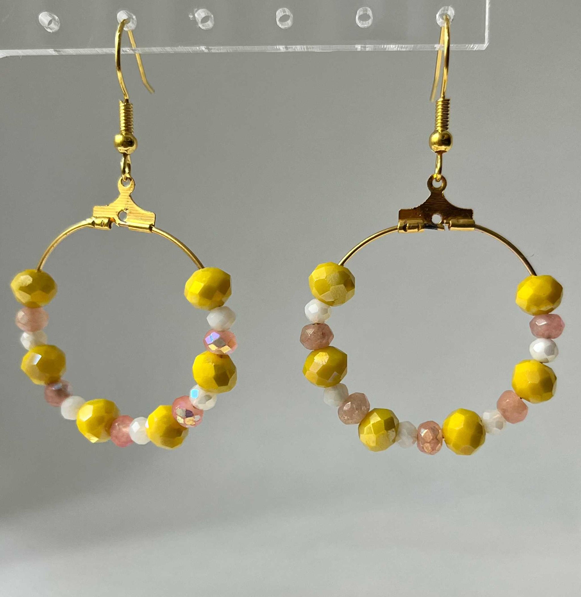Peach Gold Hoop Earrings with yellow and peach faceted glass beads, elegant jewelry for daily wear

