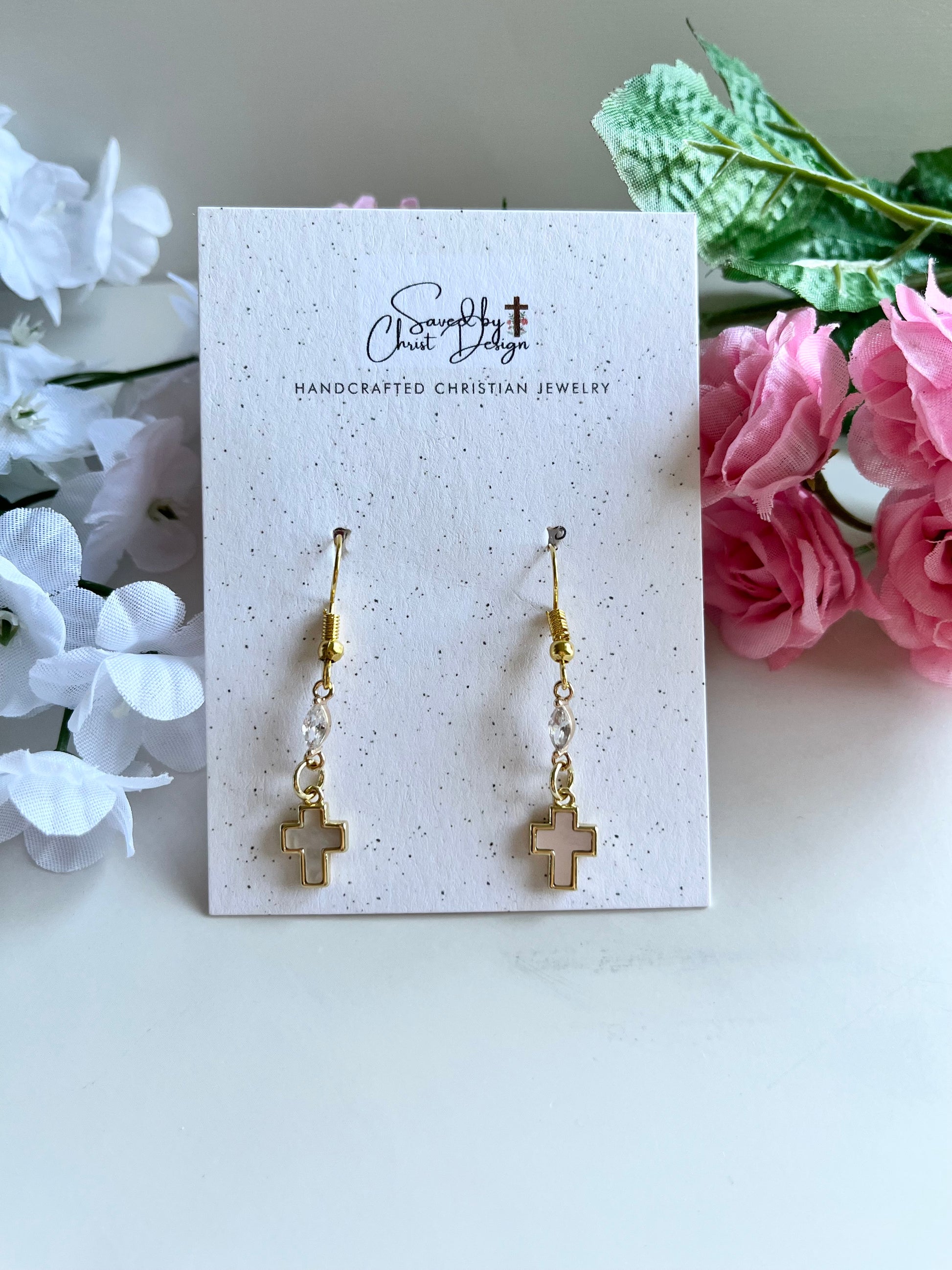 Mother of Pearl Cross Earrings with 18K gold-filled hooks, Christian faith jewelry for women