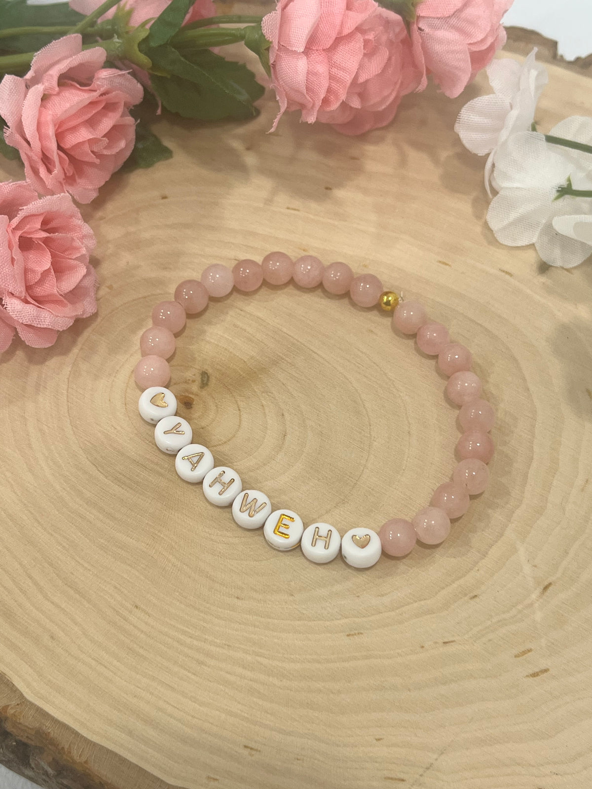 Yahweh pink stone marble bead bracelet Christian jewelry 