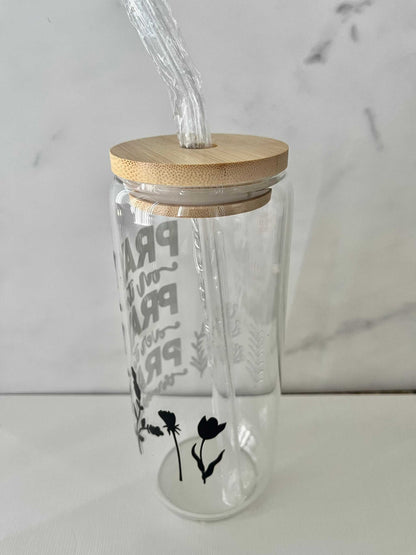Pray Glass Tumbler, 22oz with reusable straw and straw cleaner, faith-inspired
