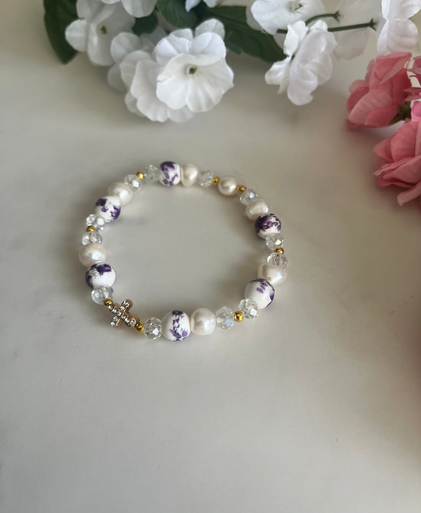 Freshwater pearl floral cross bracelet with gold cross charm and floral beads