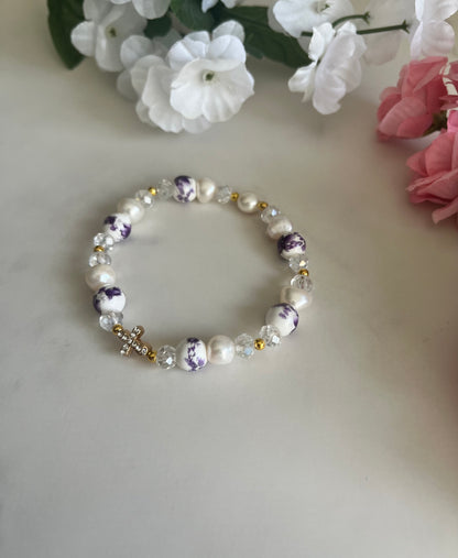 Freshwater pearl floral cross bracelet with gold cross charm and floral beads