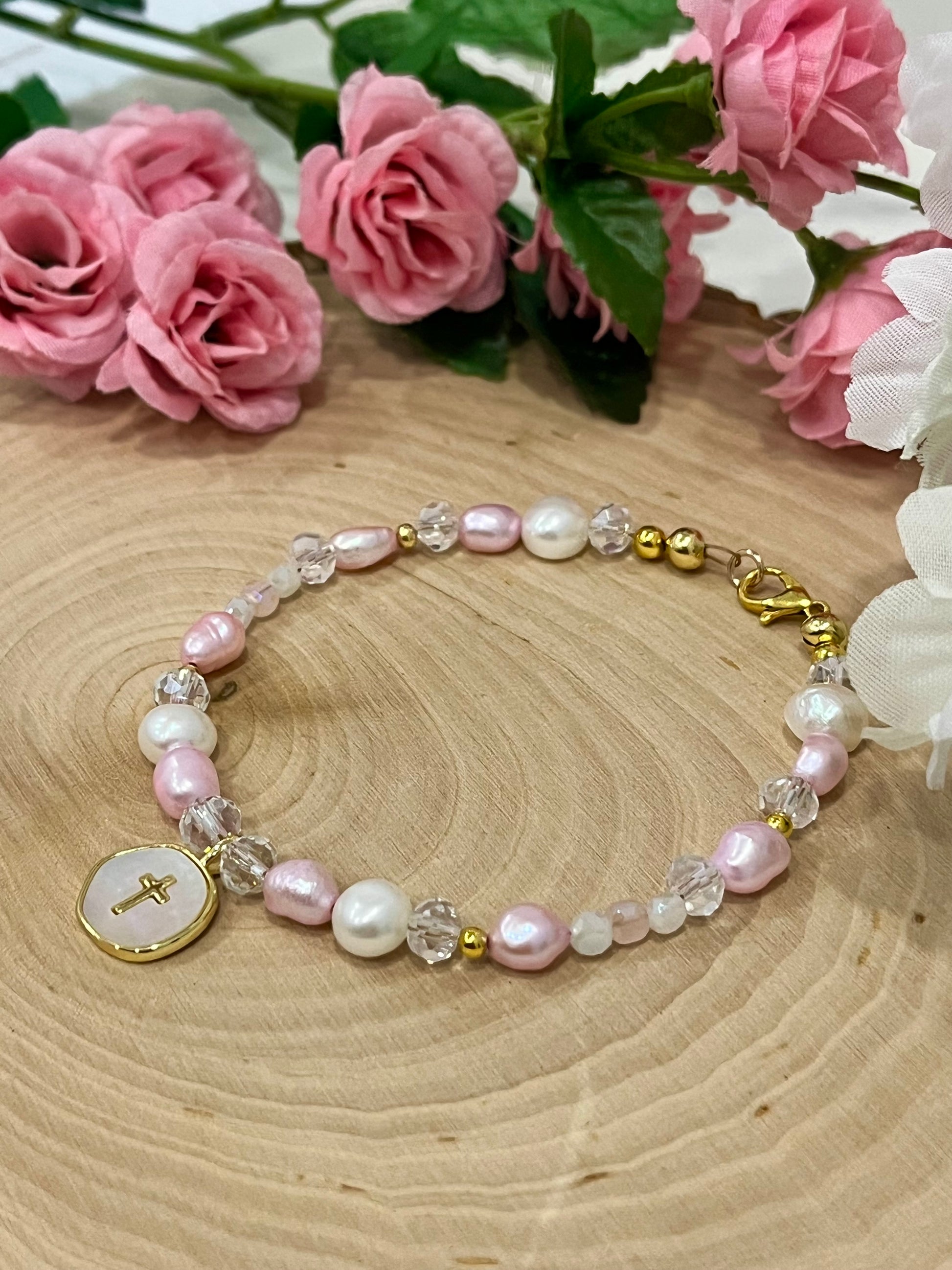 Pink white pearl gold cross bead bracelet Christian jewelry for women