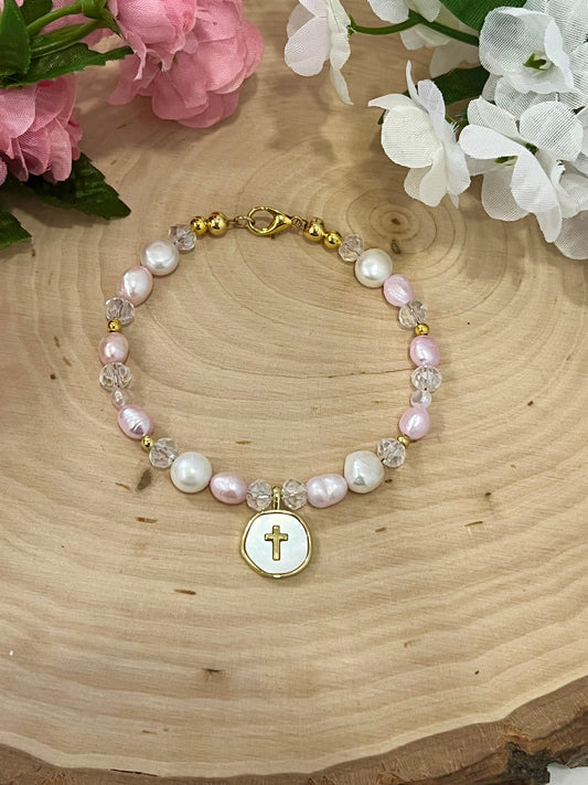 Pink white pearl gold cross bead bracelet Christian jewelry for women