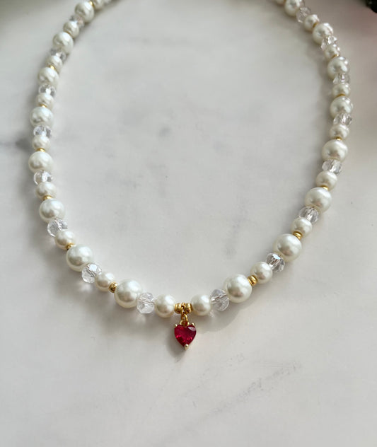 Christian gold necklace with pearl and glass beads and 18K gold-filled heart pendant