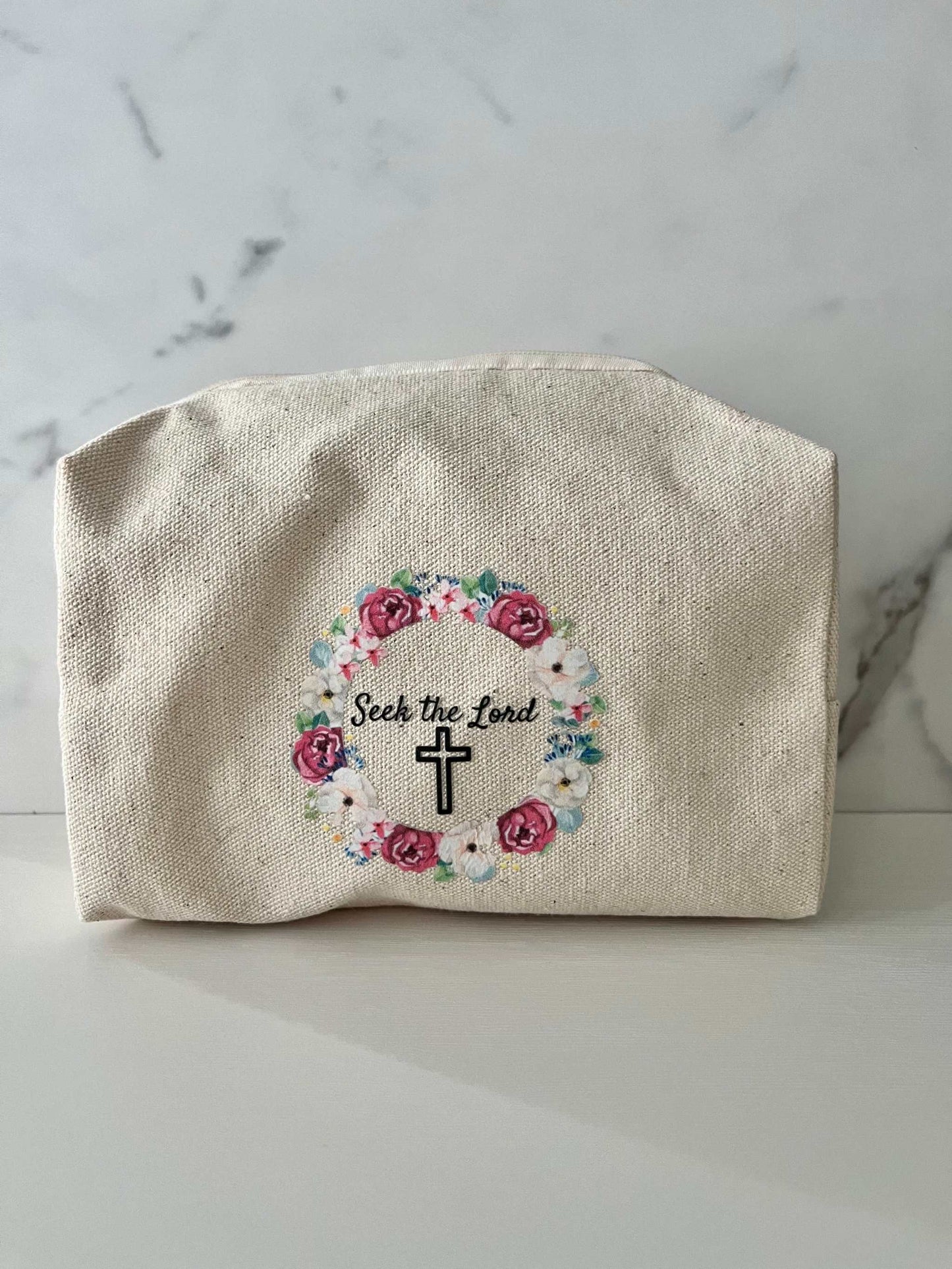 Makeup bag floral design Seek the Lord cotton travel pouch