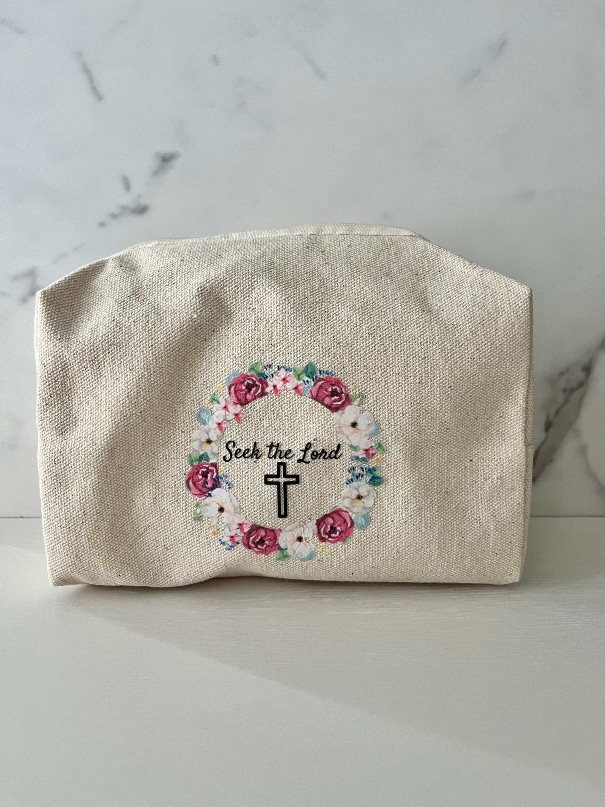 Makeup bag floral design Seek the Lord cotton travel pouch