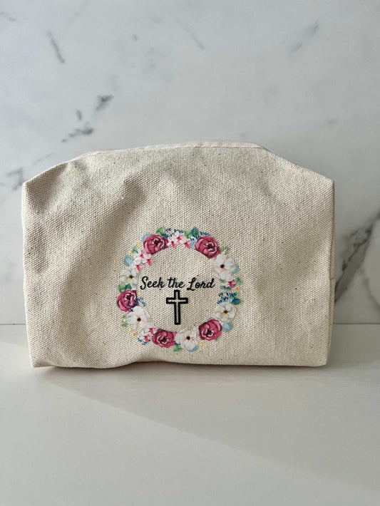 Makeup bag floral design Seek the Lord cotton travel pouch