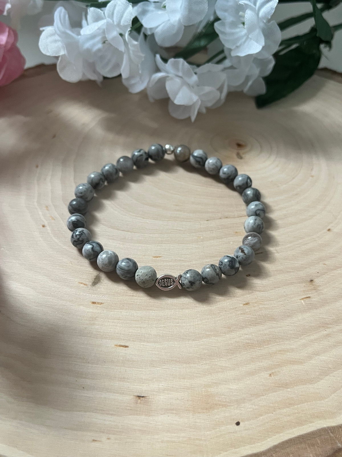 Gray Marble Jesus Fish Bead Bracelet - Spiritual Christian Jewelry
