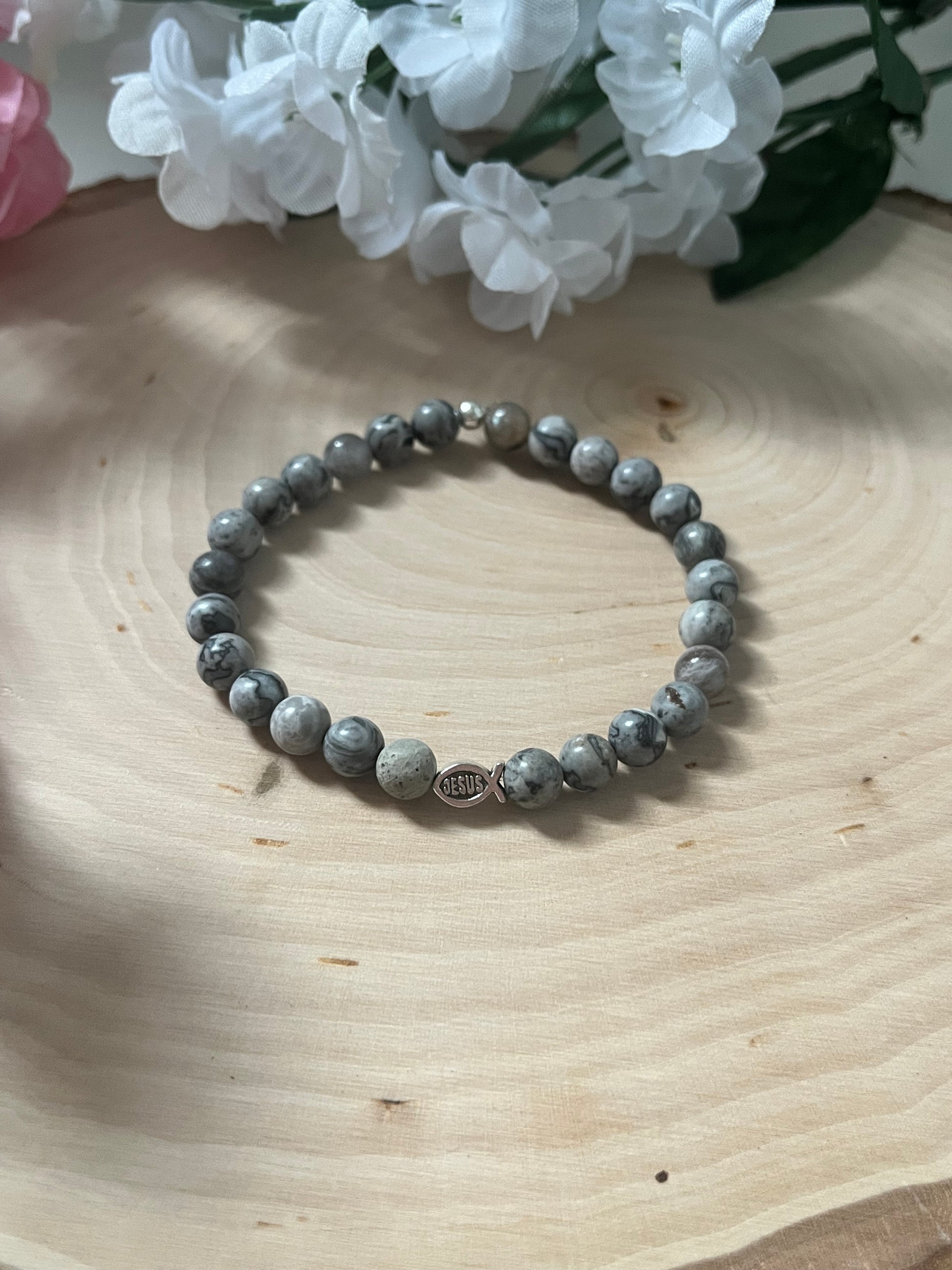 Gray Marble Jesus Fish Bead Bracelet - Spiritual Christian Jewelry