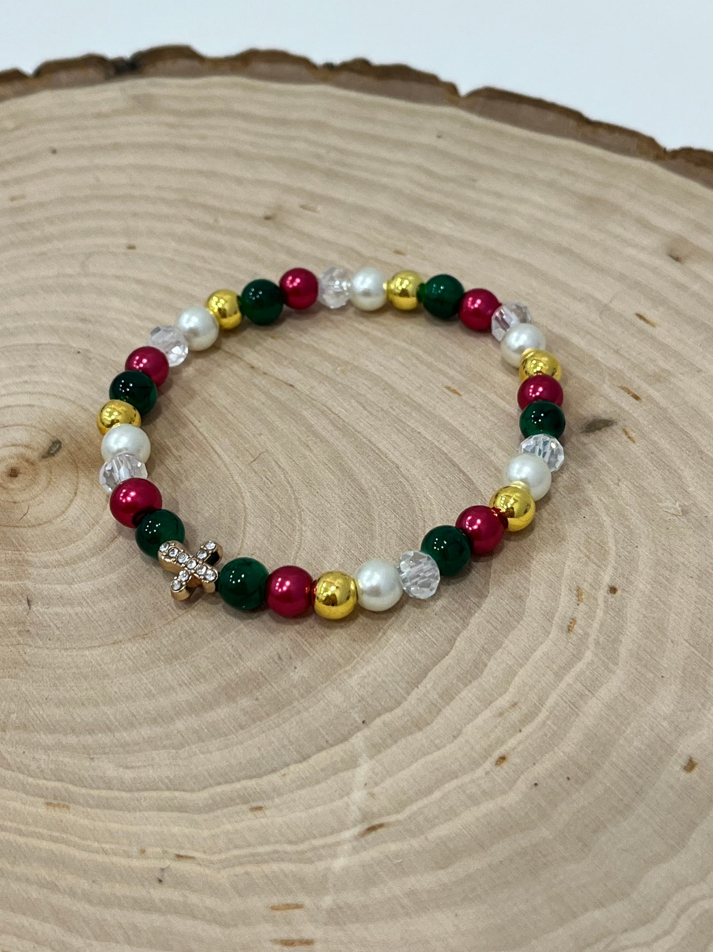 Jeweled Christmas Gold Cross bead bracelet – festive Christian holiday jewelry.
