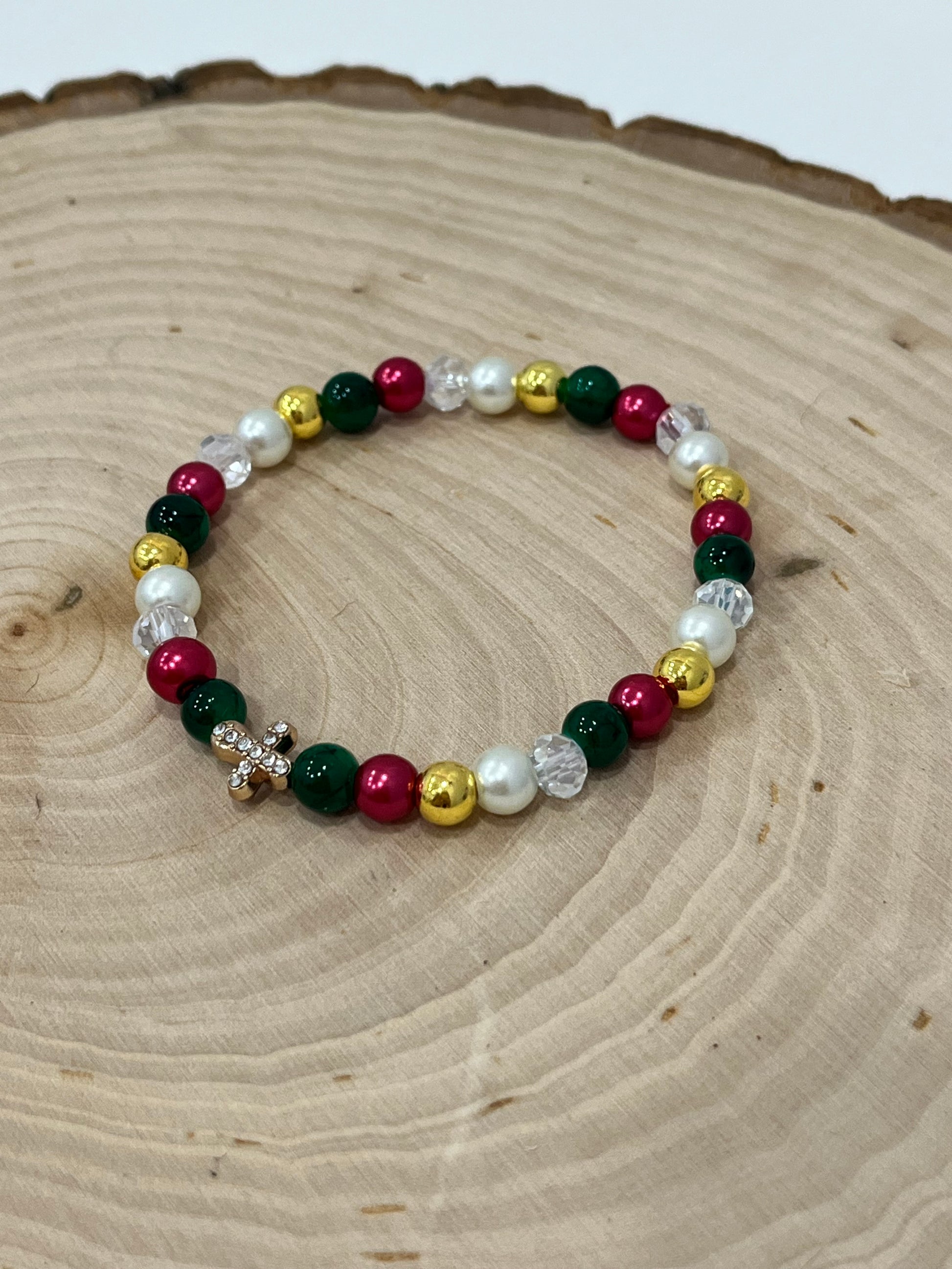 Jeweled Christmas Gold Cross bead bracelet – festive Christian holiday jewelry.
