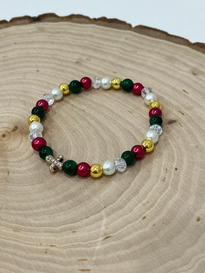Jeweled Christmas Gold Cross bead bracelet – festive Christian holiday jewelry.

