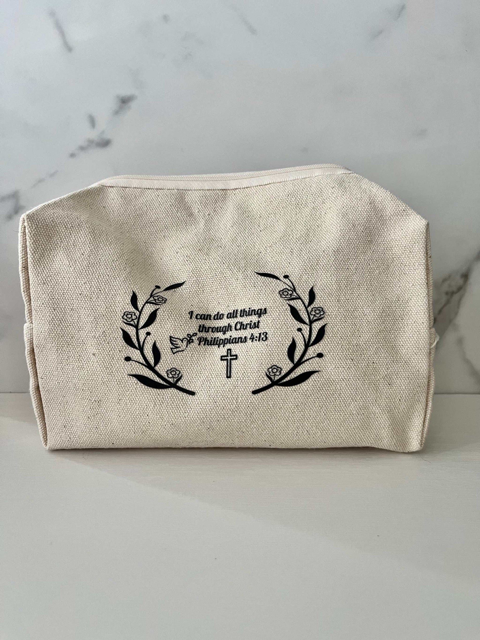 Strength Through Faith Toiletry Bag with floral design, cotton travel pouch