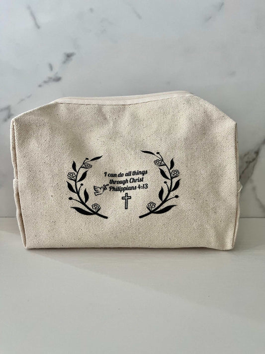 Strength Through Faith Toiletry Bag with floral design, cotton travel pouch