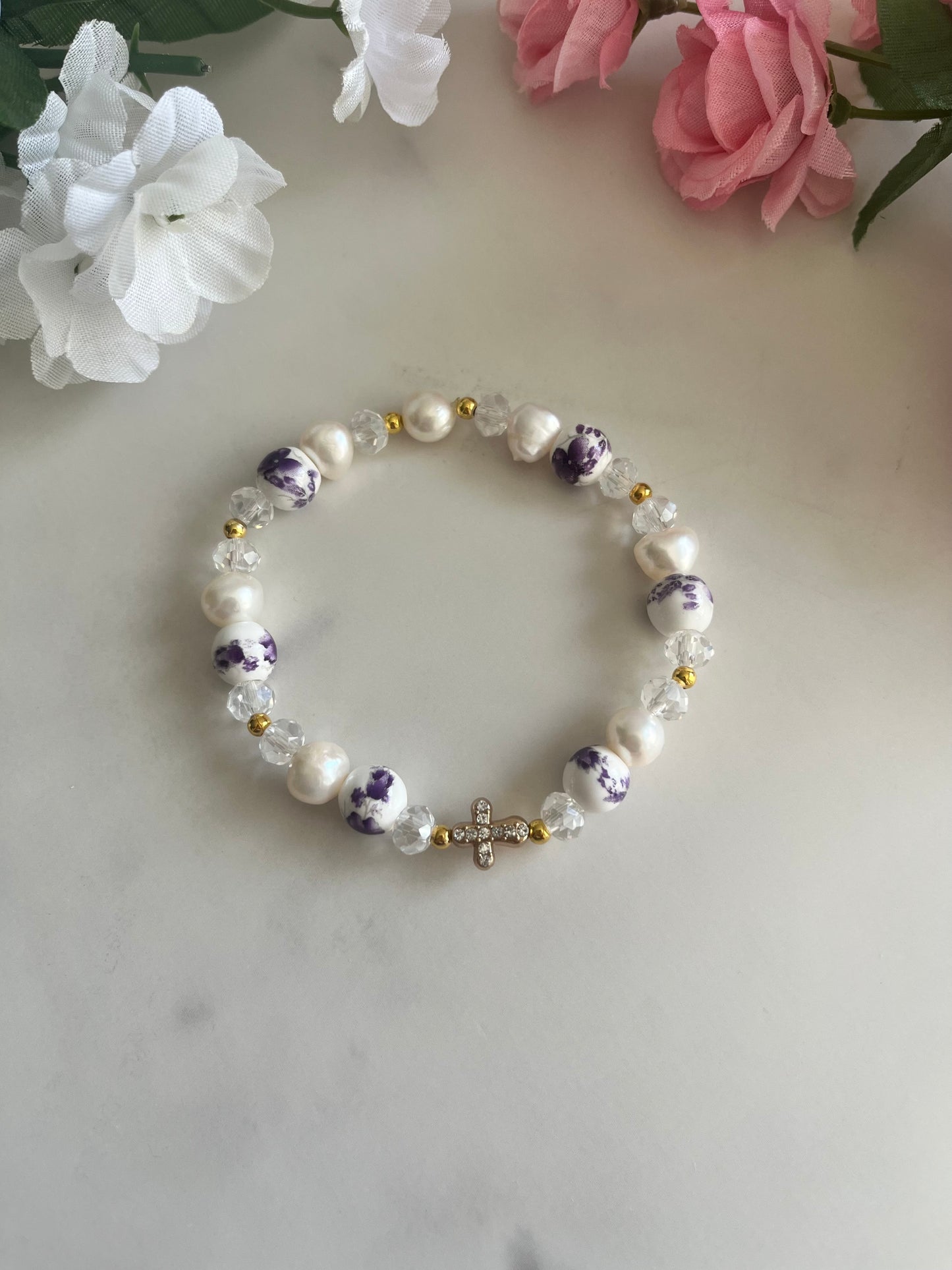 Freshwater pearl floral cross bracelet with gold cross charm and floral beads