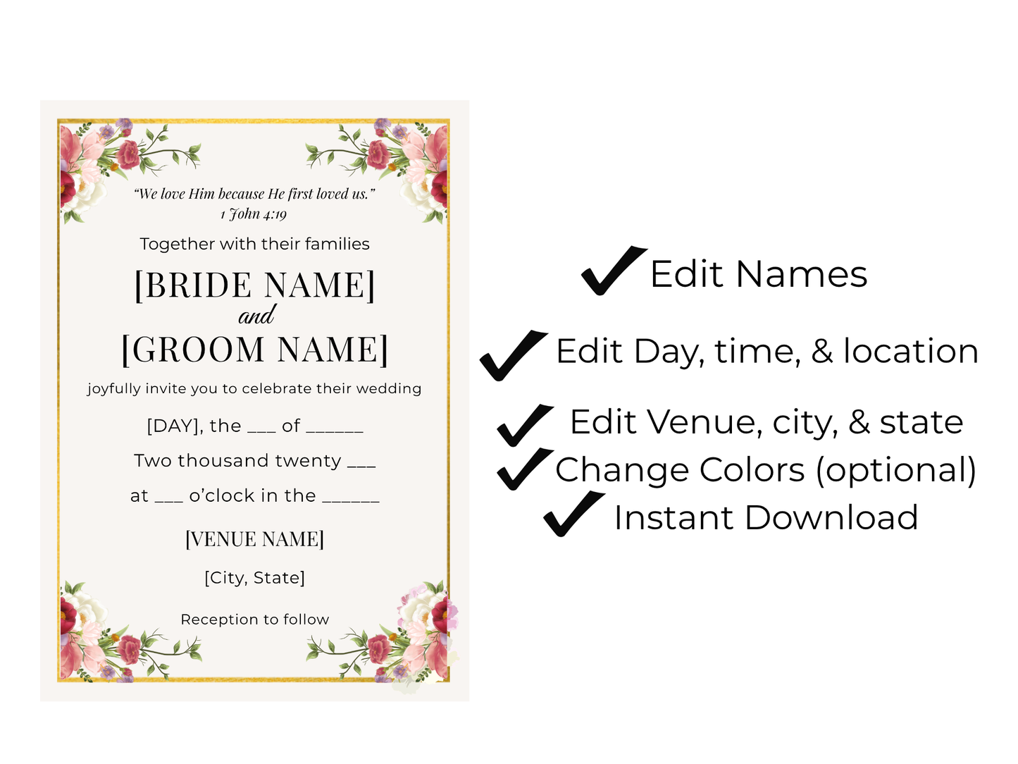 Christian wedding invitation template 1 John 4:19 editable digital invite
