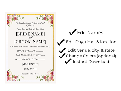 Christian wedding invitation template 1 John 4:19 editable digital invite