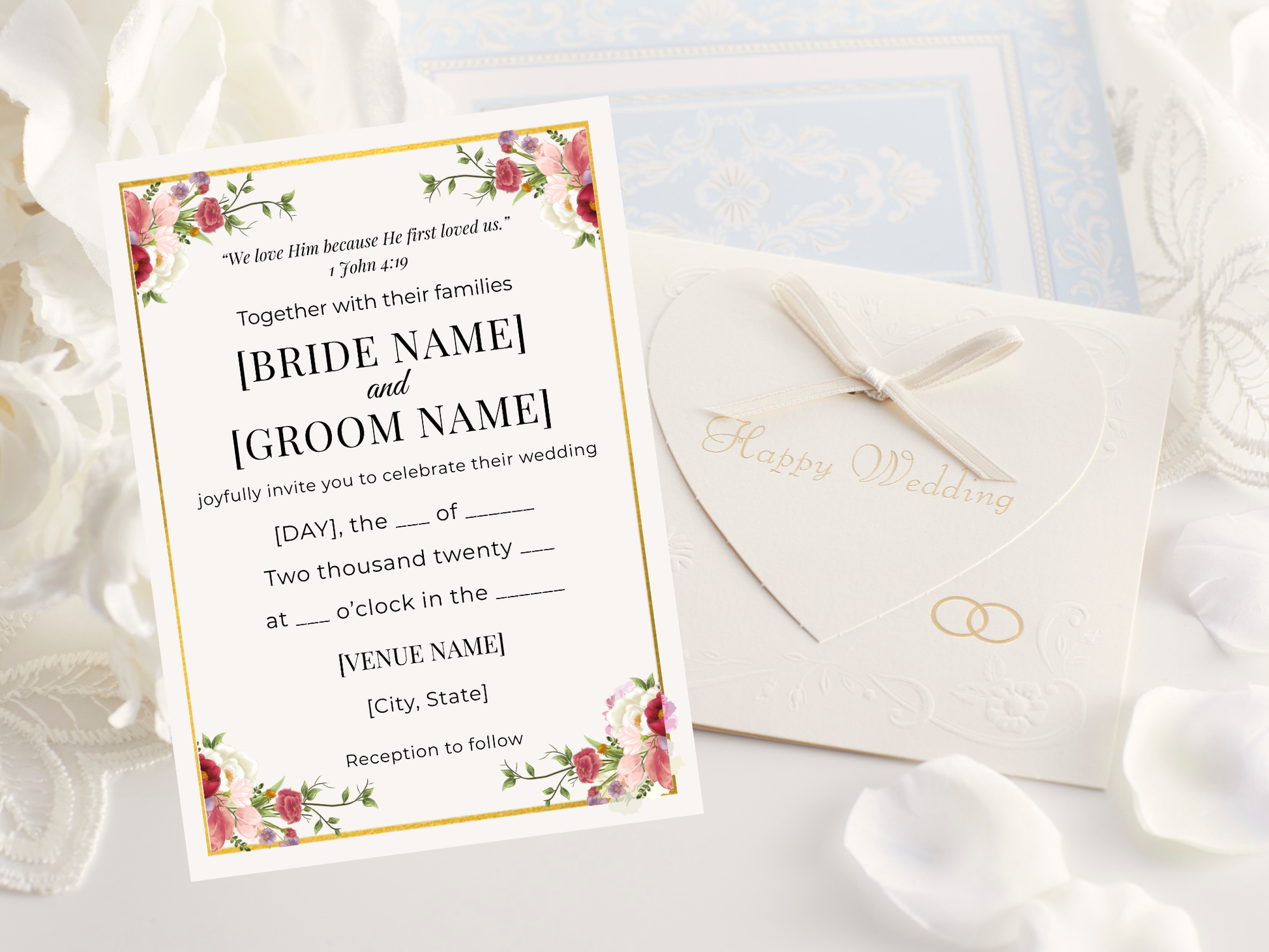 Christian wedding invitation template 1 John 4:19 editable digital invite