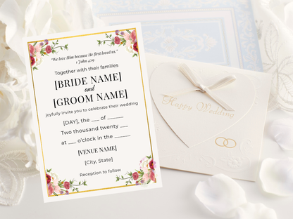 Christian wedding invitation template 1 John 4:19 editable digital invite