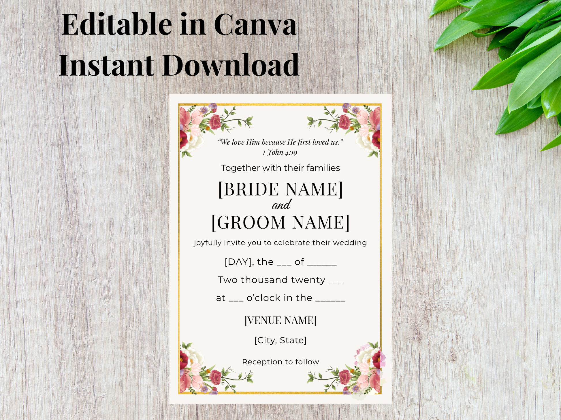 Christian wedding invitation template 1 John 4:19 editable digital invite