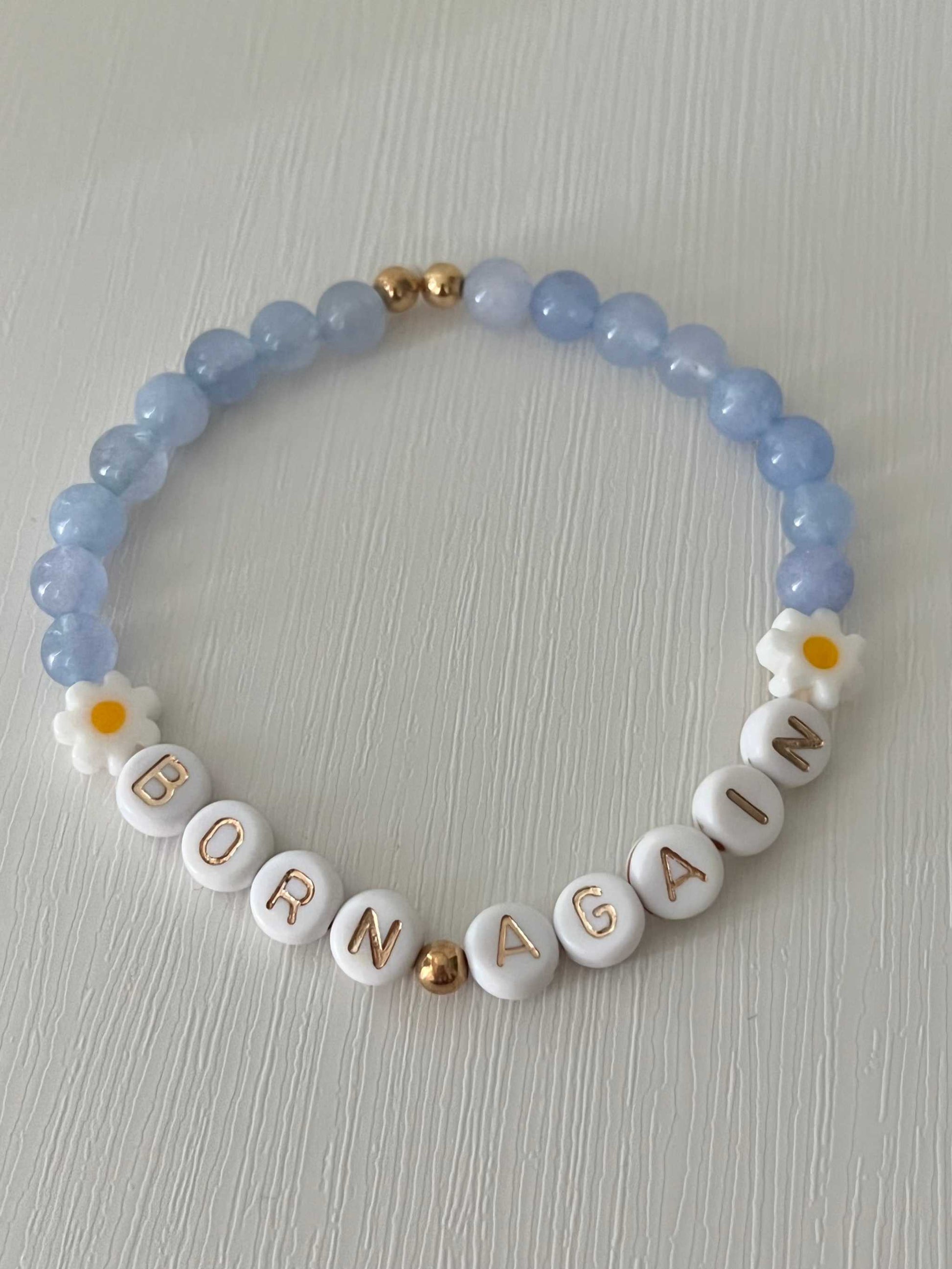 Sky Blue Born Again Bracelet showcasing vibrant blue beads, ideal for expressing faith and celebrating new beginnings in your spiritual journey.