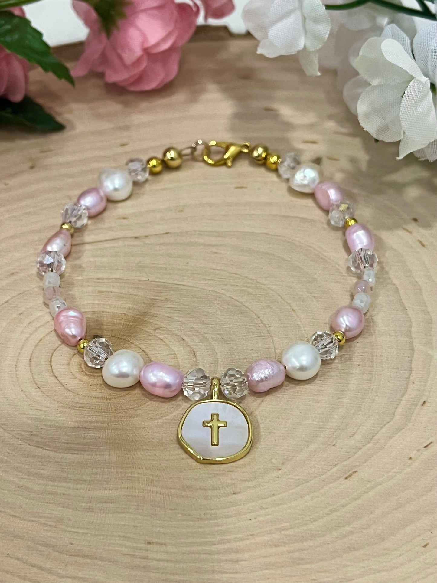 Pink white pearl gold cross bead bracelet Christian jewelry for women