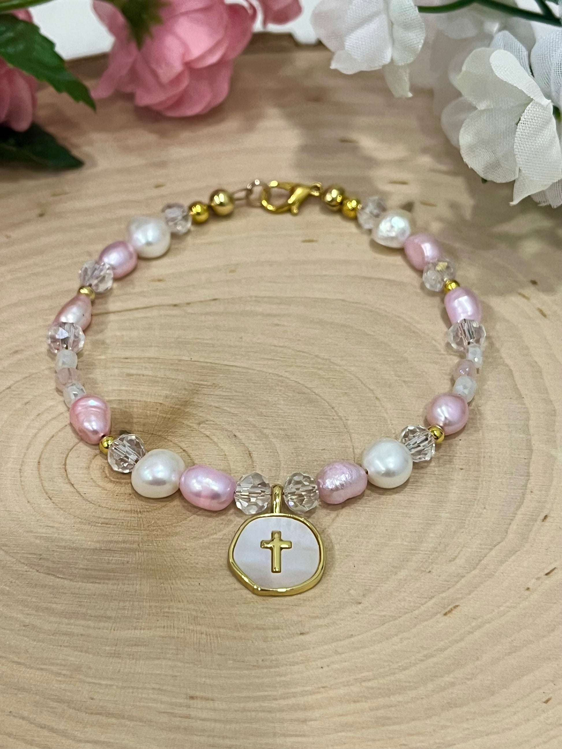 Pink white pearl gold cross bead bracelet Christian jewelry for women