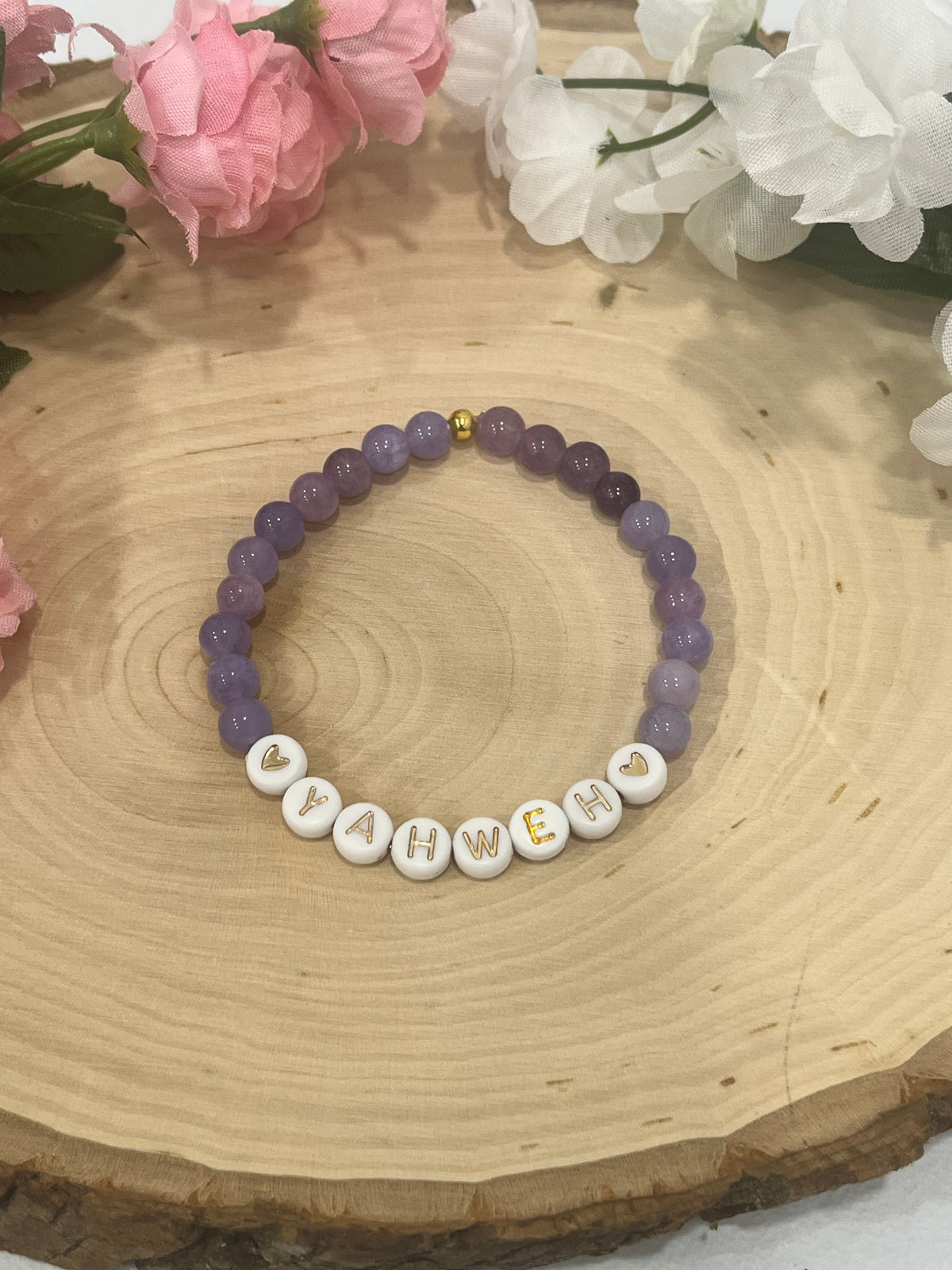 Yahweh purple stone marble bead bracelet Christian jewelry 