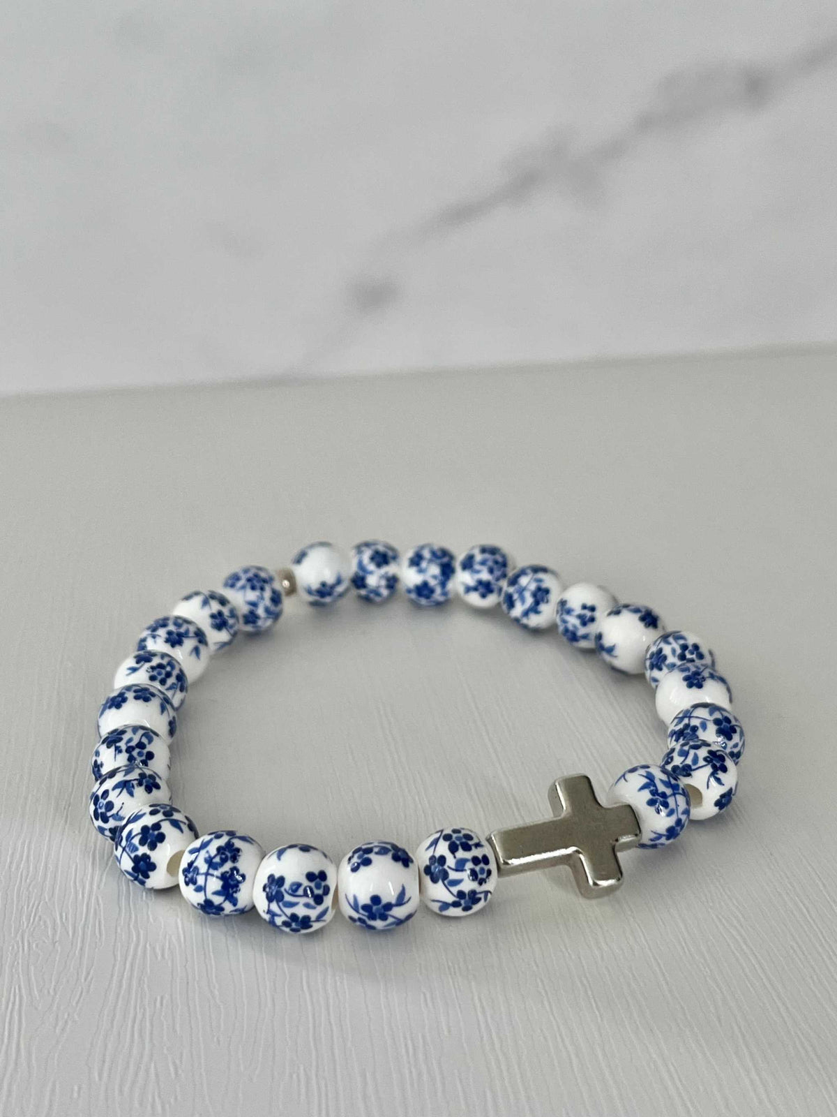 Blue floral cross bead bracelet, handmade Christian jewelry and faith gift for women
