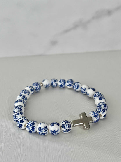 Blue floral cross bead bracelet, handmade Christian jewelry and faith gift for women