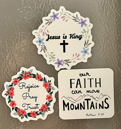 Set of inspiring Christian magnets, ideal for Christian home decor and daily encouragement.