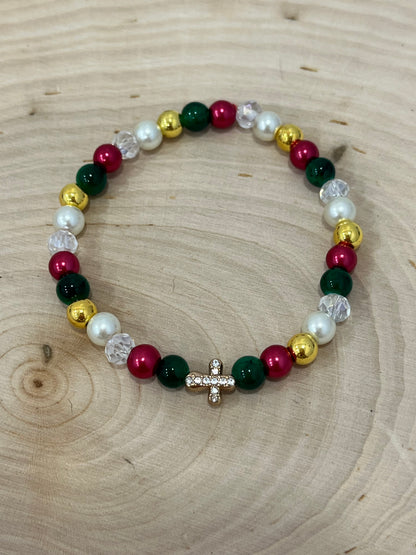 Gold beaded Christmas cross bracelet with jeweled cross charm