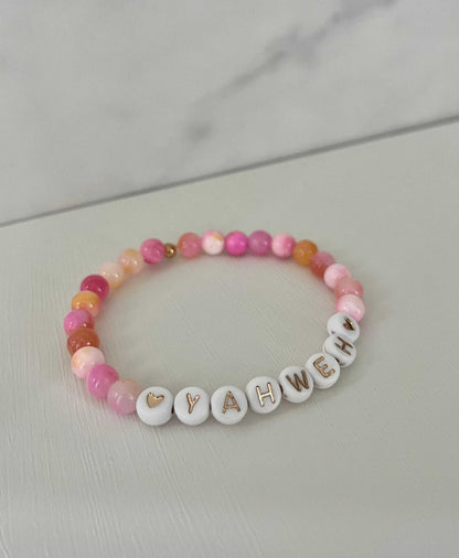 YAHWEH Pink Purple Marble Bracelet showcasing vibrant marble stones, ideal for expressing faith and adding a colorful touch to your jewelry collection.
