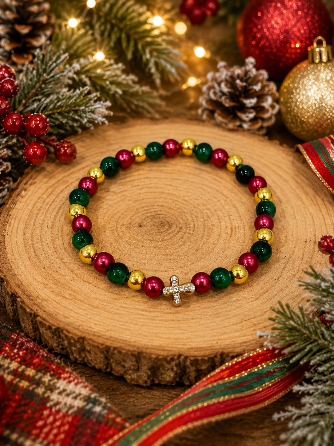 Bracelet de perles croix dorée de Noël orné de pierres