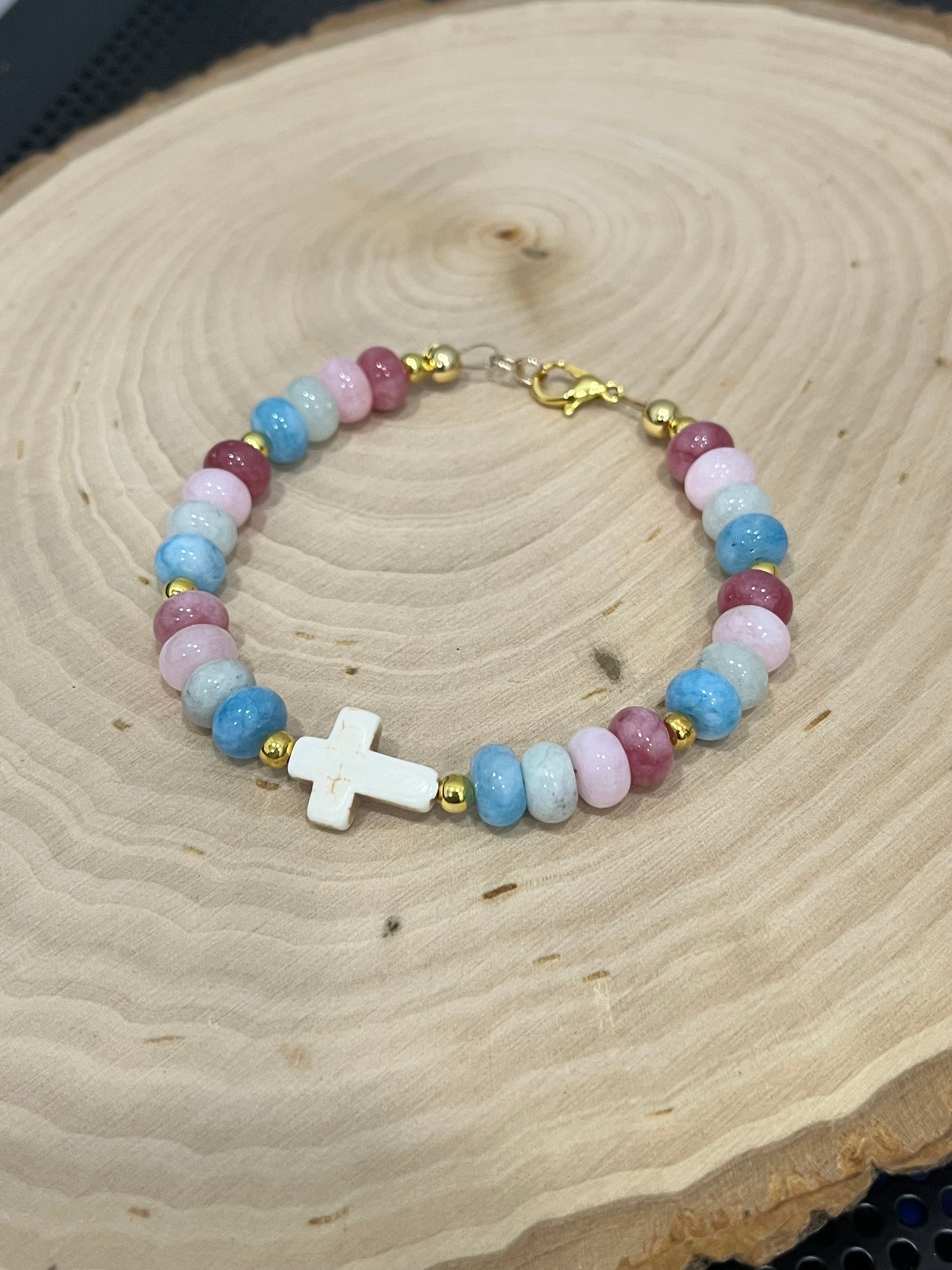 Fruit of the Spirit Cross Bracelet with stone beads and gold accents