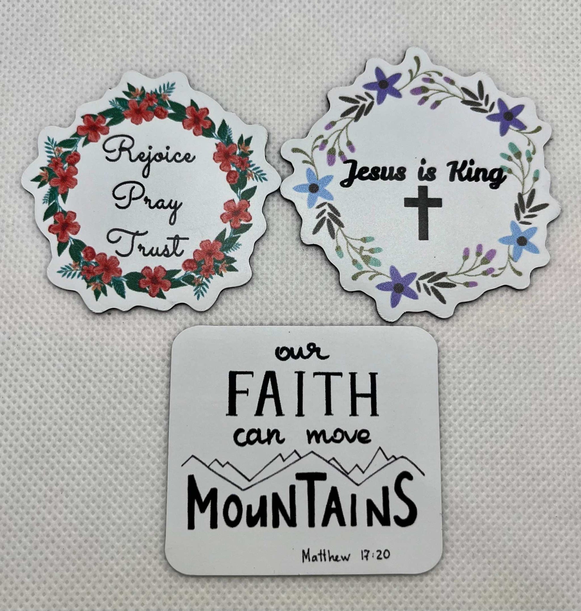 Set of inspiring Christian magnets, ideal for Christian home decor and daily encouragement.