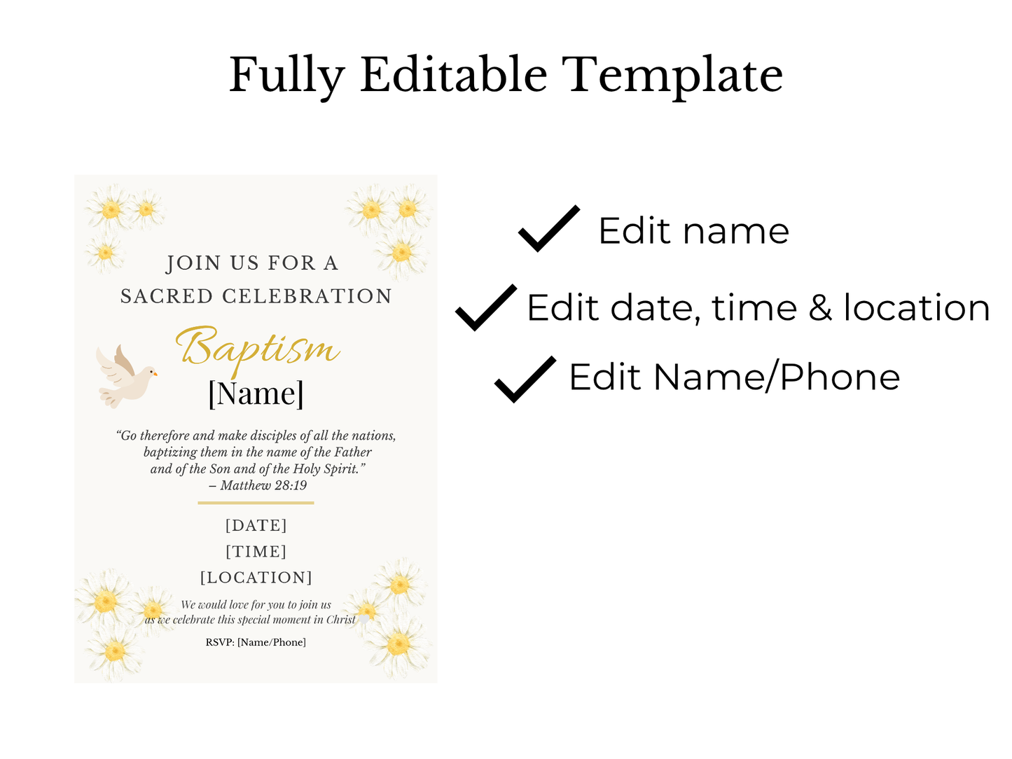 Editable Christian baptism invitation template elegant faith-based digital invite