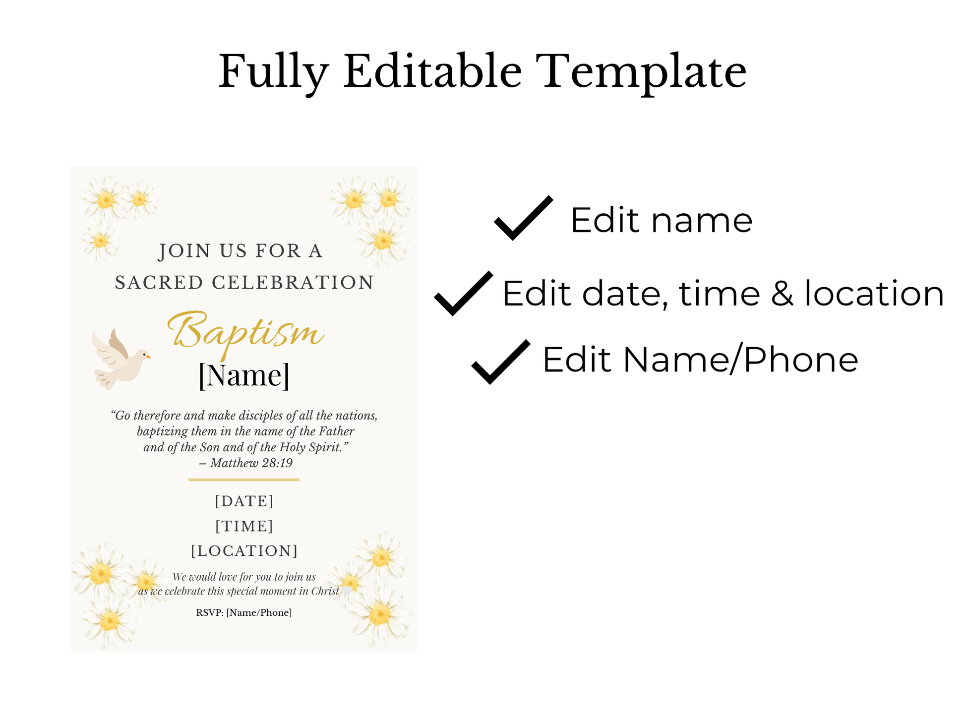 Editable Christian baptism invitation template elegant faith-based digital invite