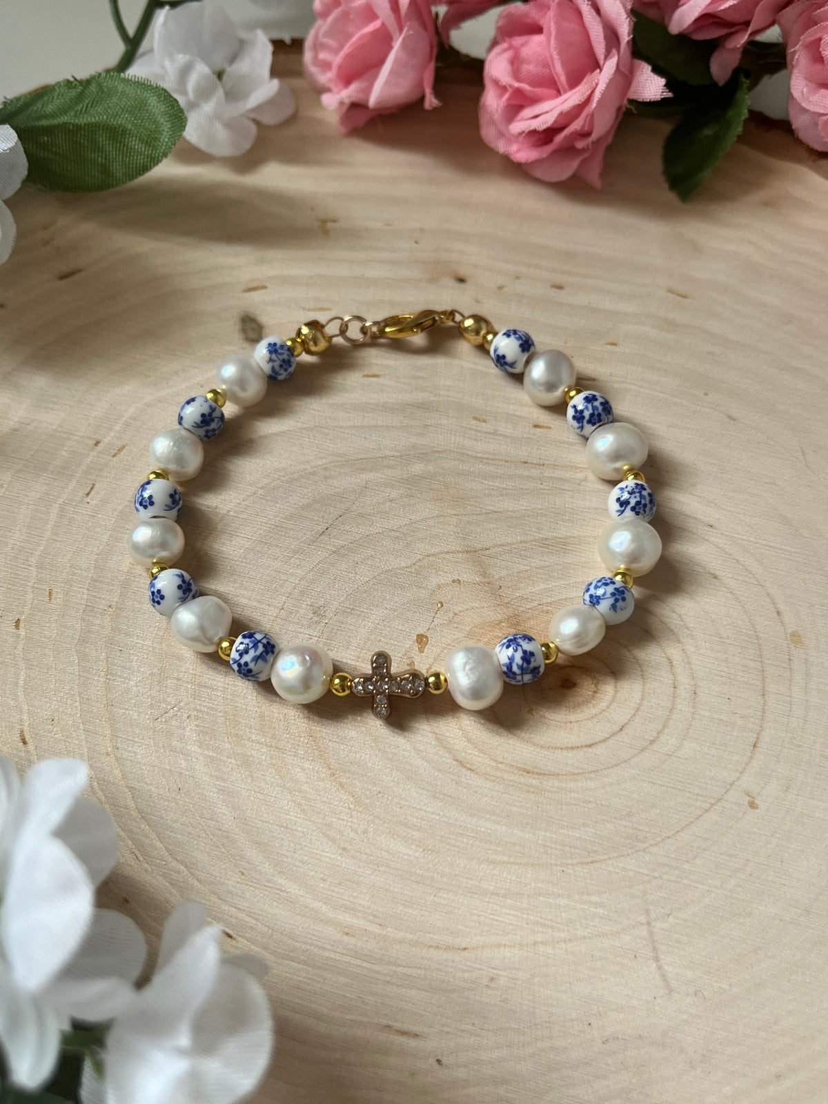 Floral Pearl Cross Bracelet – Christian Jewelry for Women