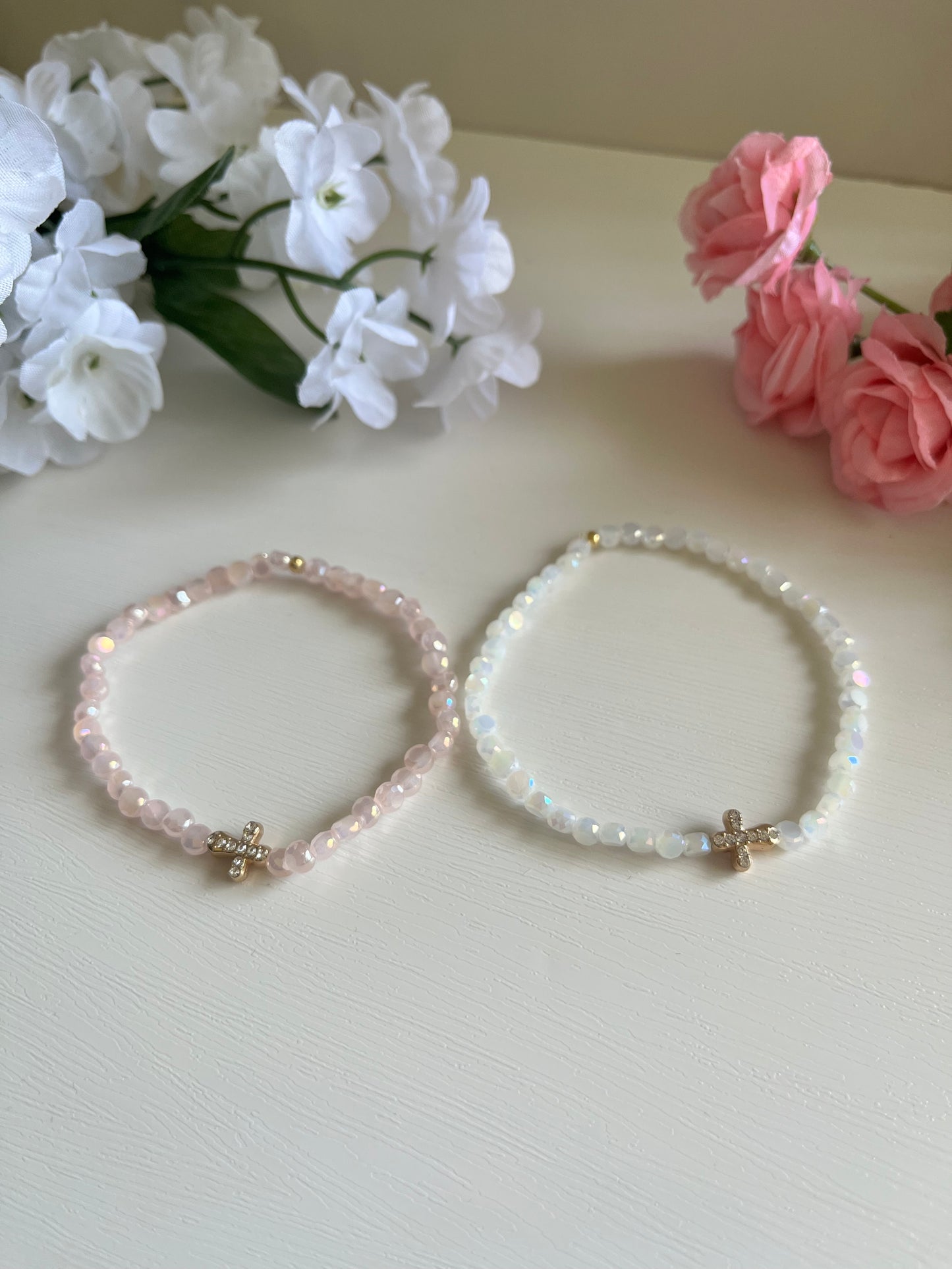 Plated glass cross bead bracelet Christian jewelry handmade