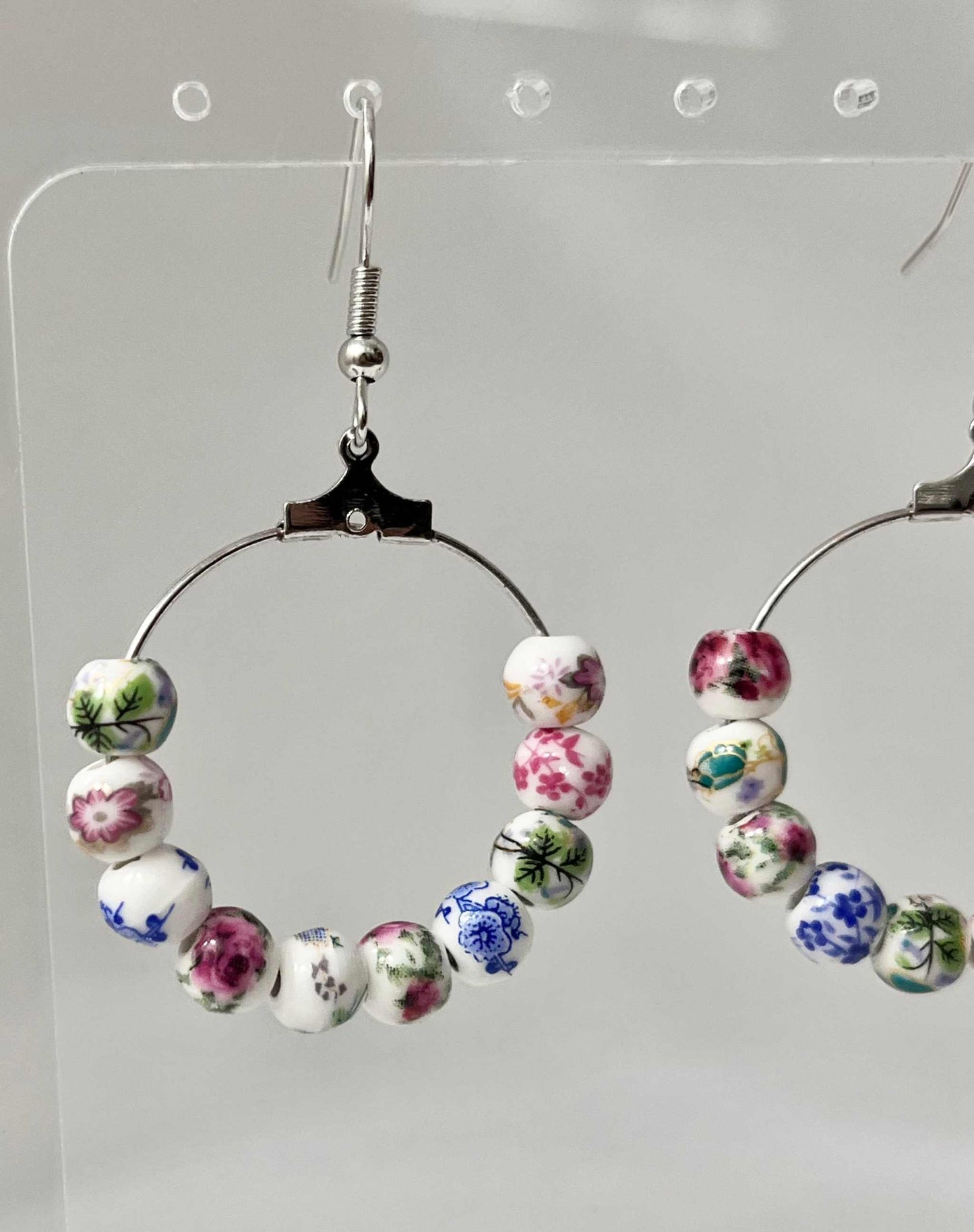 Floral Ceramic Hoop Earrings - Multicolored Beaded Silver Hoops