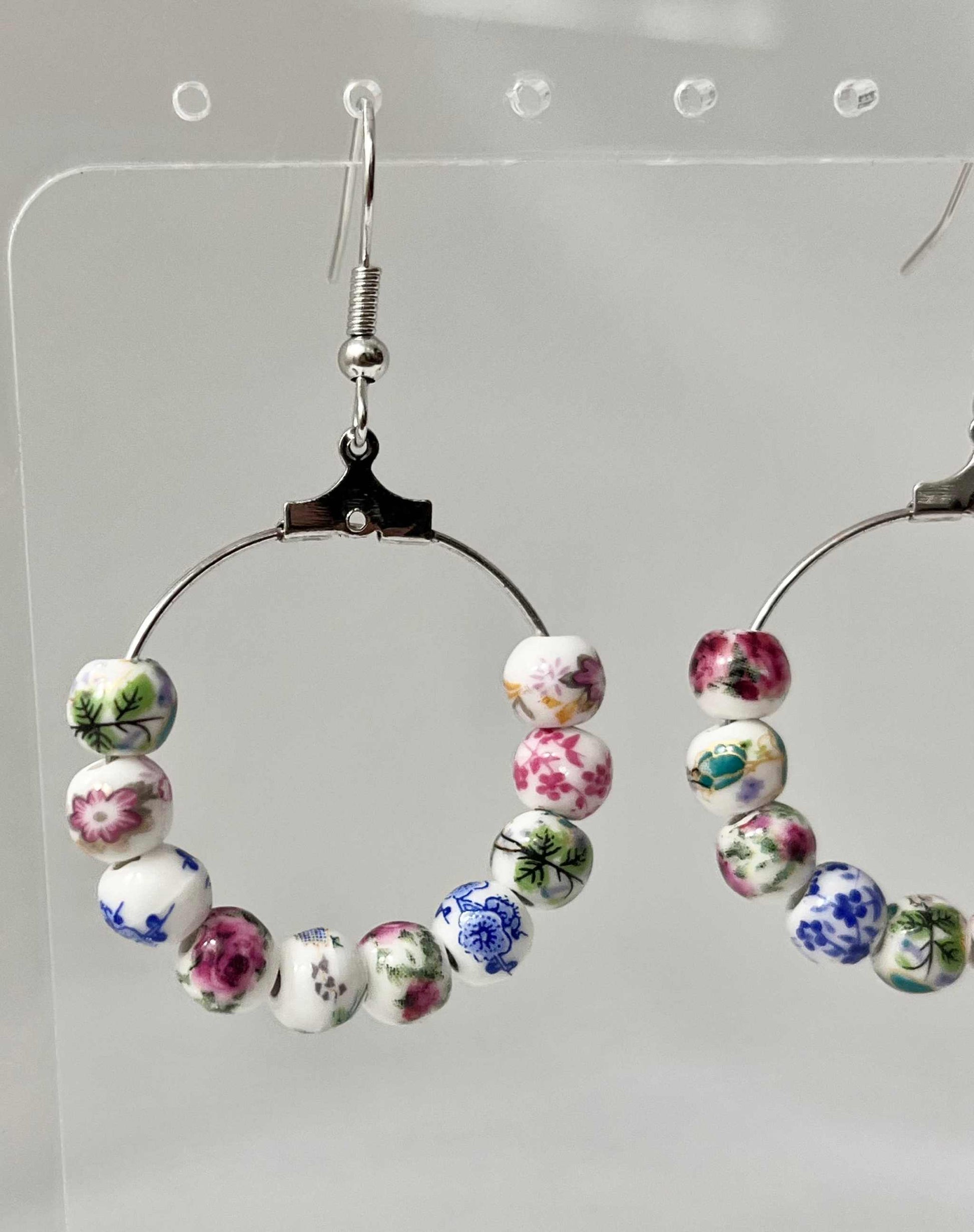 Floral Ceramic Hoop Earrings - Multicolored Beaded Silver Hoops