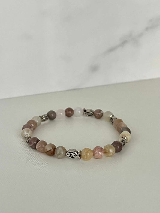 Beige Rose Bead Bracelet with Jesus Fish charm – faith jewelry.

