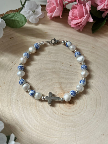 Floral Pearl Cross Bracelet – Christian Jewelry for Women