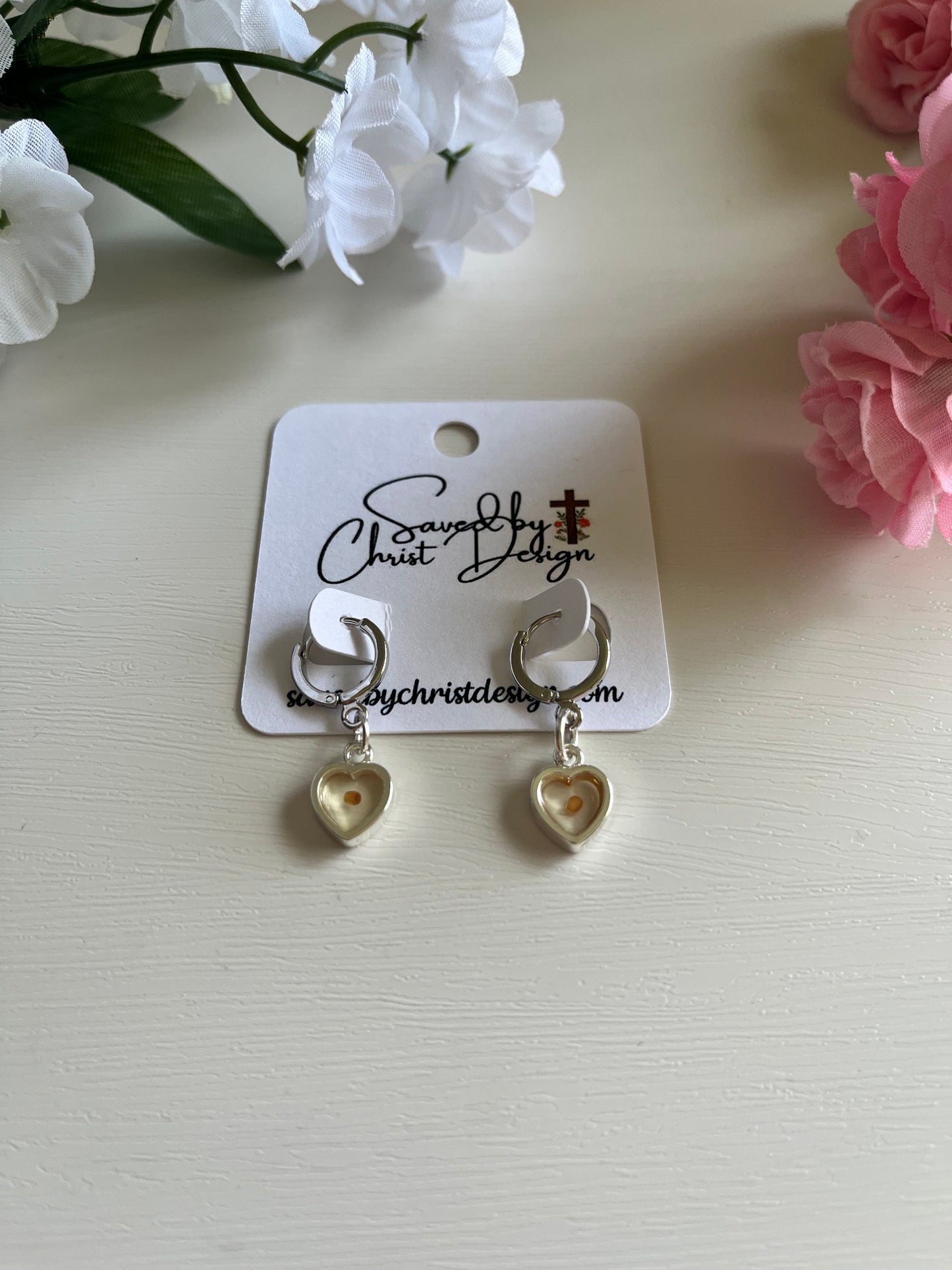 Mustard Seed Heart Huggie Earrings Christian jewelry with real mustard seed charm in gold or silver